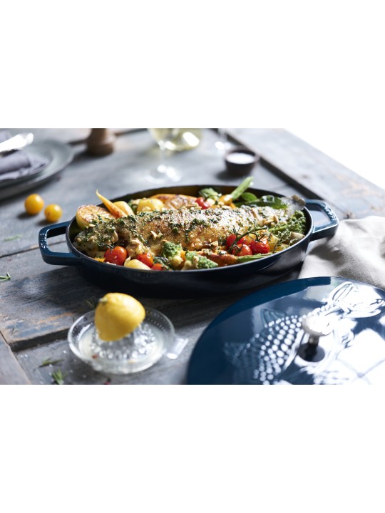 Staub čuguna katls La Mer madal ovāls 33 cm/2,8 l, jūras zaļš