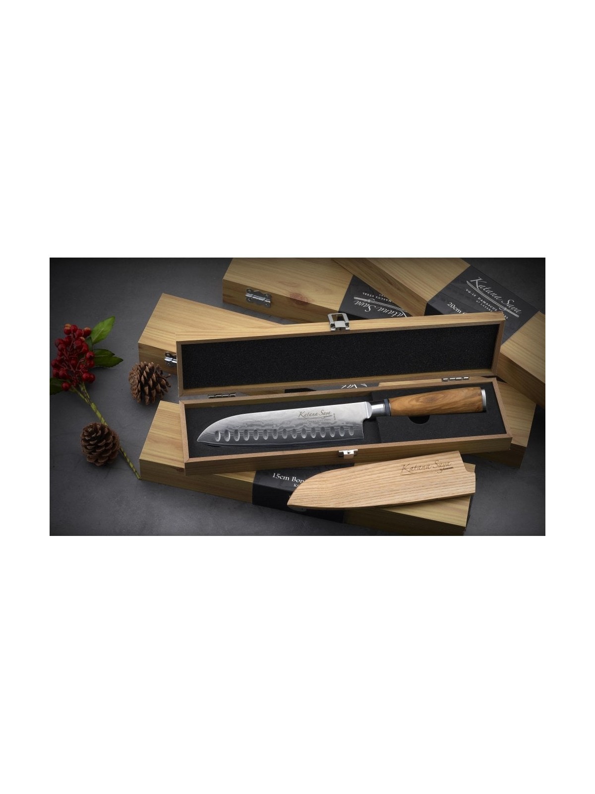 Grunwerg  Santoku nazis Katana Saya, olīvkoka rokturis