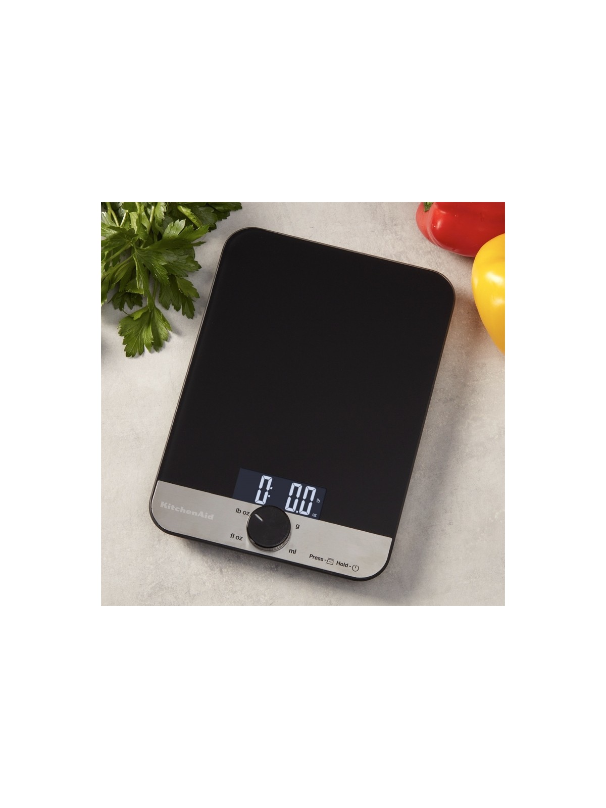 KitchenAid digitālie virtuves svari ar stikla virsmu, 5000 g un 500 g / 5 litru svēršanas ietilpība