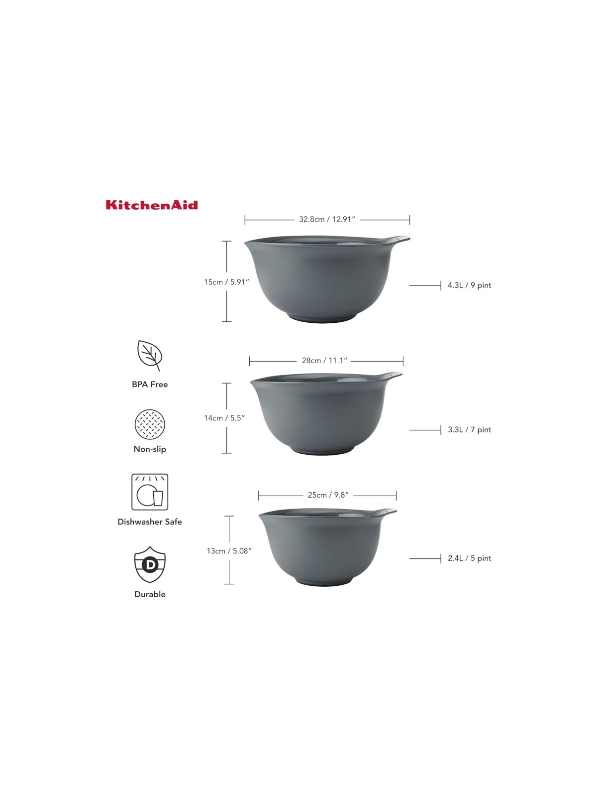 KitchenAid Set of 3 Mixing / Nesting Bowls, Empire Red