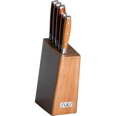 Grunwerg Knife Block Set RF Ashwood – 6-Piece Stainless Steel