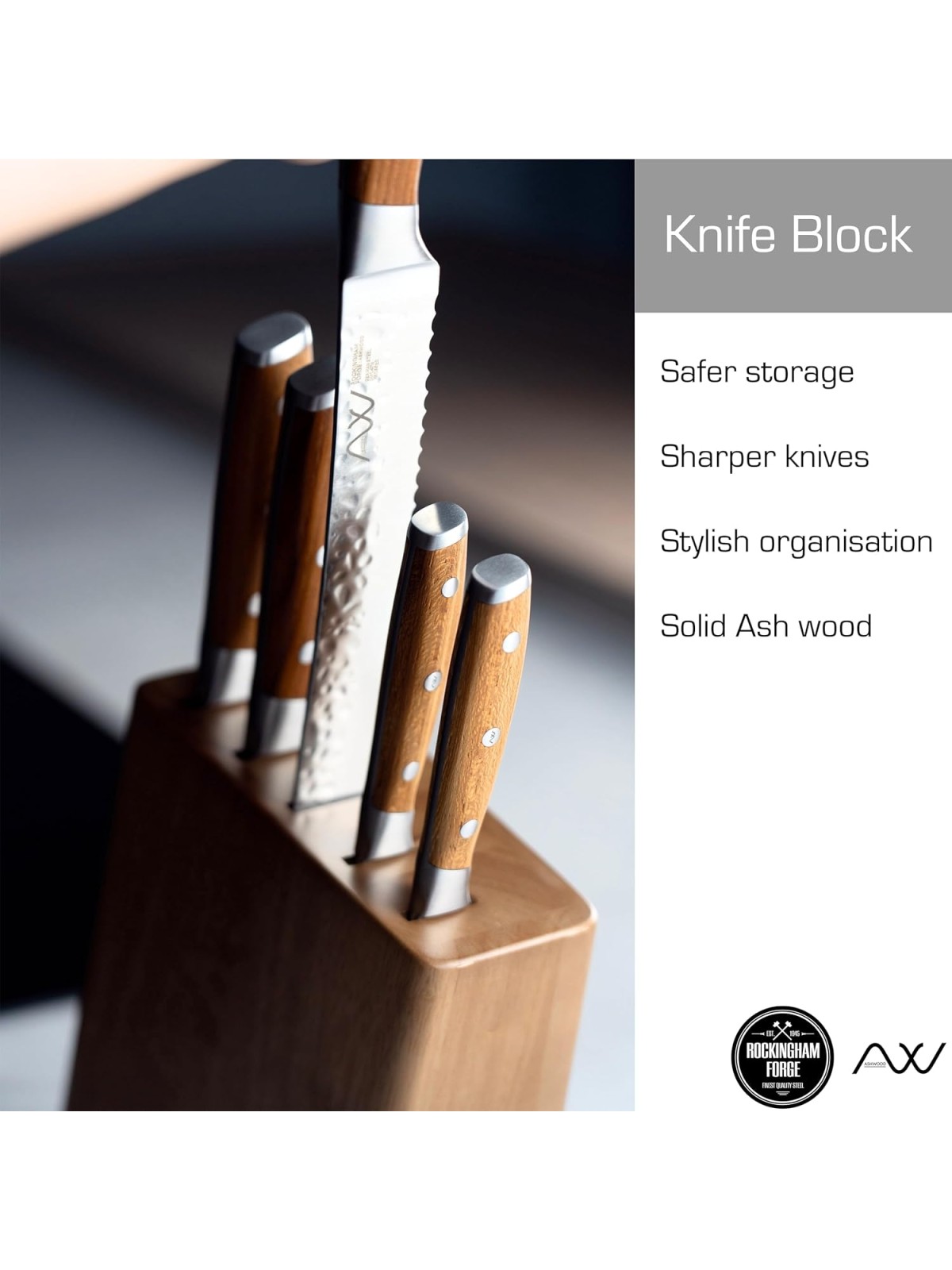 Grunwerg Knife Block Set RF Ashwood – 6-Piece Stainless Steel