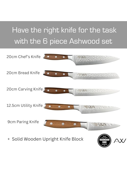 Grunwerg Knife Block Set RF Ashwood – 6-Piece Stainless Steel