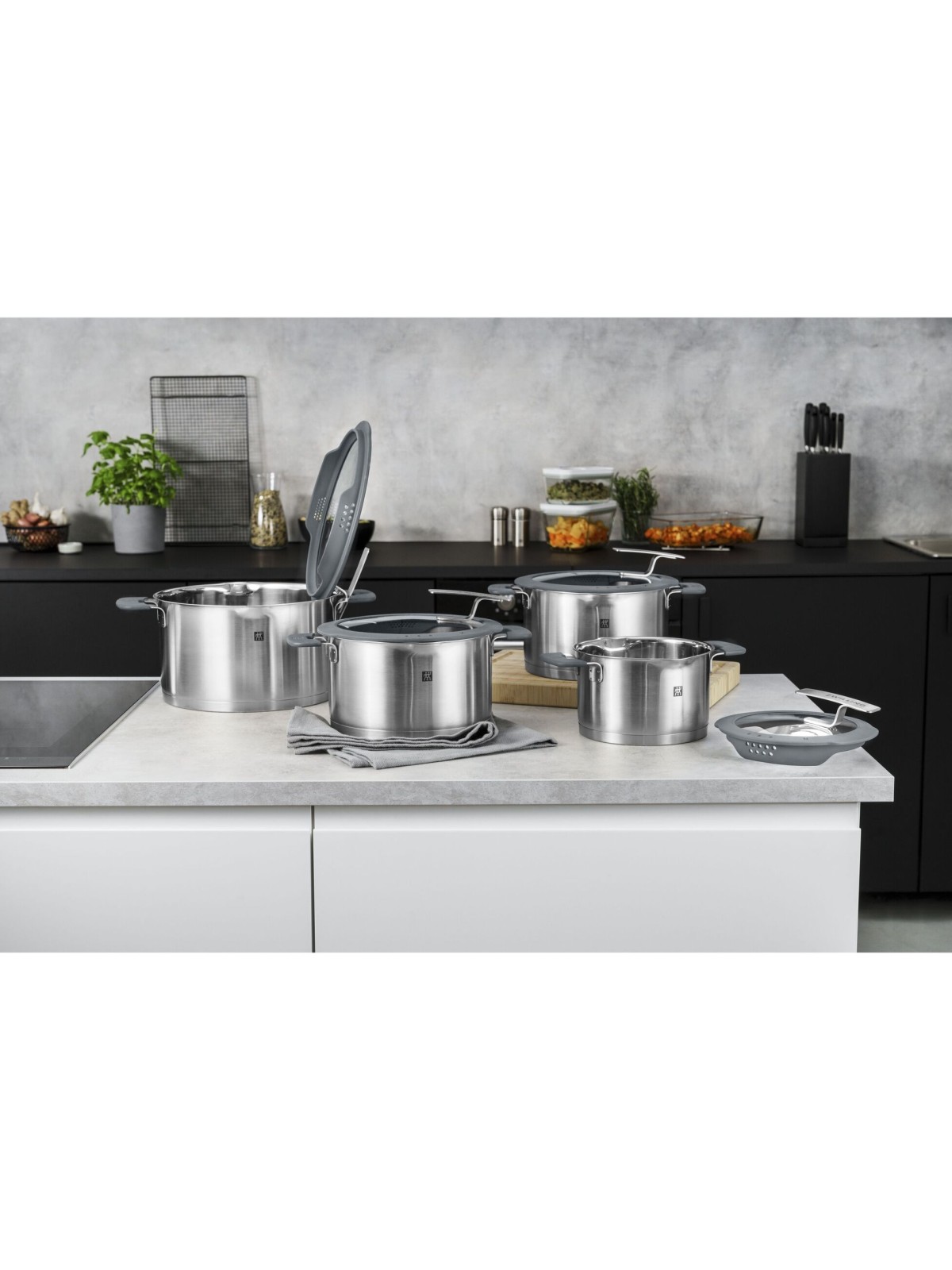 Zwilling комплект кастрюль Simplify 5 шт, стеклянная крышка с ситом (серый силикон)