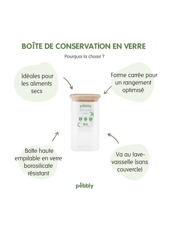 Pebbly kvadrātveida borsilikāta stikla uzglabāšanas trauks ar bambusa hermētisku vāku