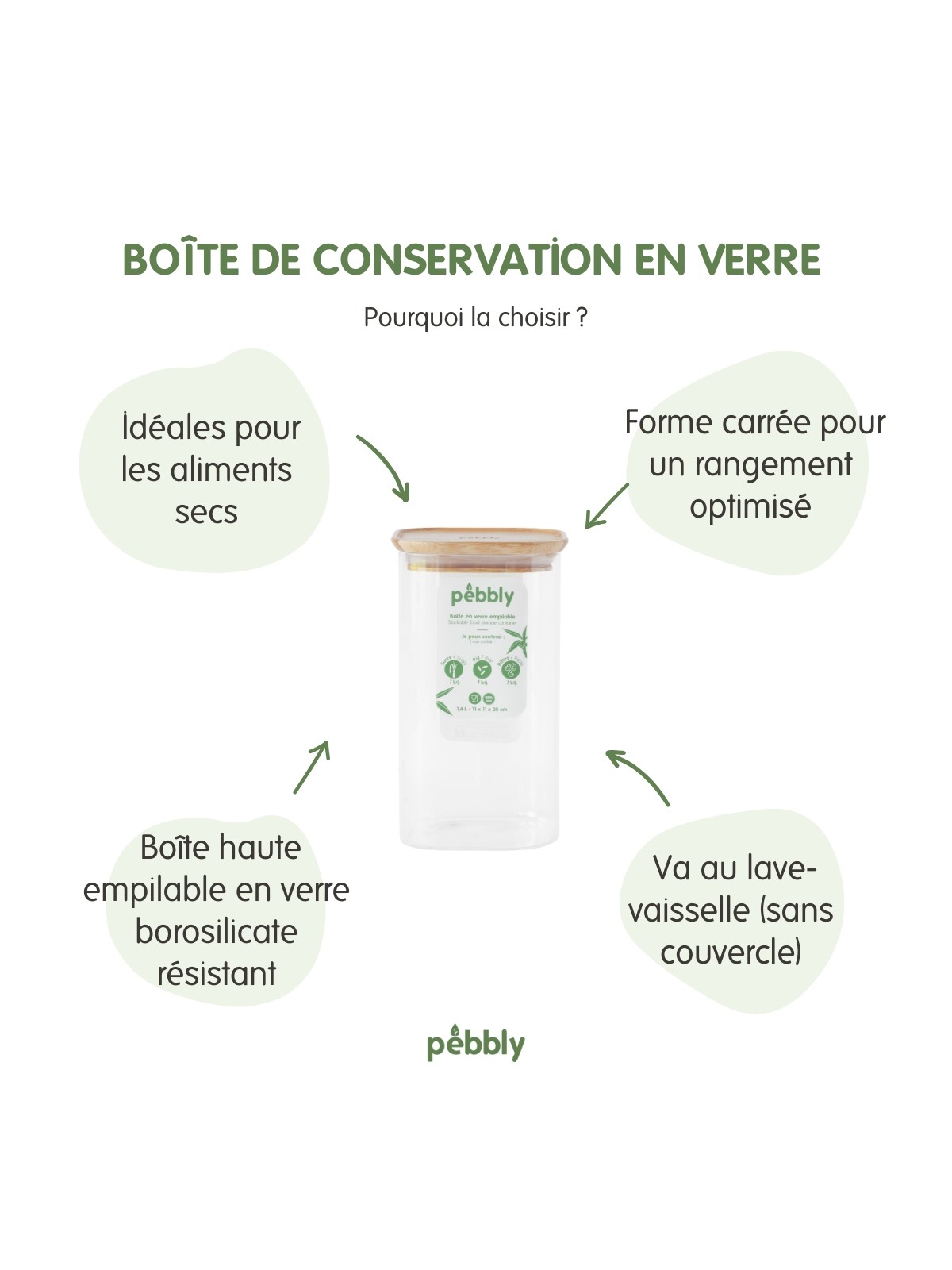 Pebbly ruudukujuline klaasist säilituspurk – boorsilikaatklaasist anum bambusest õhukindla kaanega