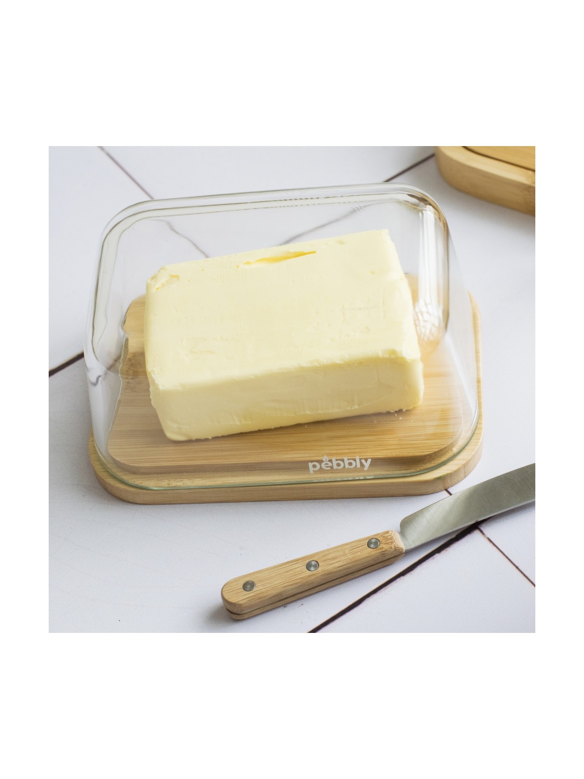 Pebbly Glass Butter Dish with Knife