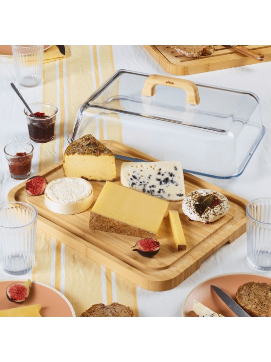 Pebbly Glass Cheese Board with Bamboo Base & Lid