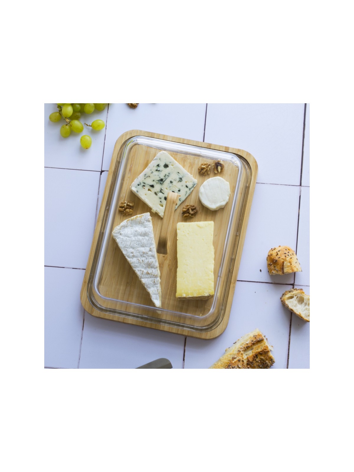 Pebbly Glass Cheese Board with Bamboo Base & Lid