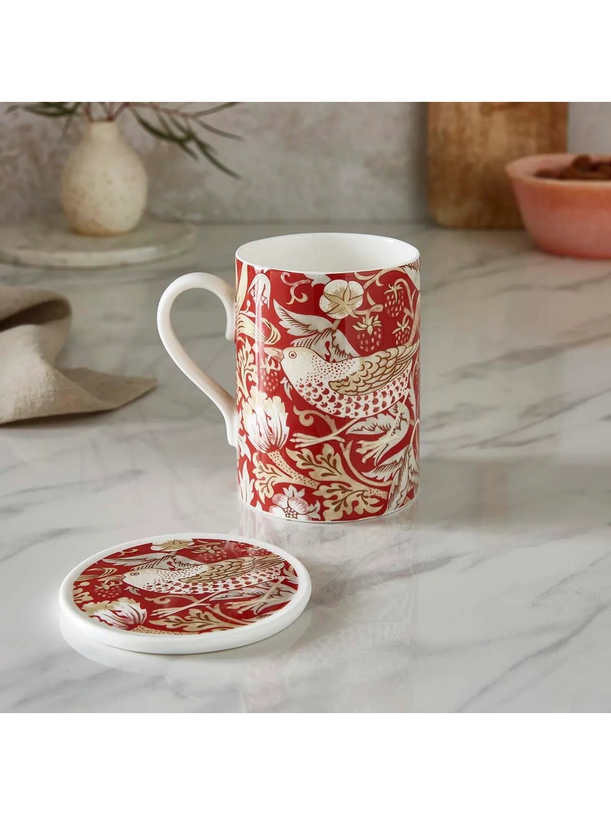 Spode Strawberry Thief Indian Red Mug & Coaster Set
