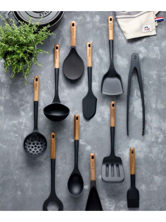 Staub Black Silicone Soup Ladle Solid Acacia wood